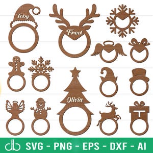 May include: A collection of wooden Christmas-themed napkin rings in various shapes, including a Santa hat, reindeer, snowflake, angel, bow, gingerbread man, Christmas tree, elf hat, top hat, deer, and gift box. Each ring has a name.
