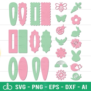 May include: A set of 20 digital cut files featuring various shapes and designs, including flowers, butterflies, ladybugs, snails, and hair clips. The designs are in pink and green colors.
