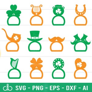 May include: Set of ten digital cut files for a St. Patrick's Day theme. The files include a shamrock, a harp, a leprechaun hat, a horseshoe, a pipe, a mustache, a boot, a clover, a coin, and a heart. The files are in SVG, PNG, EPS, DXF, and AI formats.