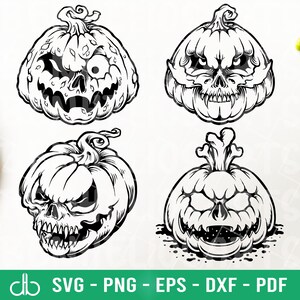 May include: Four black and white illustrations of scary Halloween pumpkins with different facial expressions. Each pumpkin has a skull-like face with sharp teeth and menacing eyes.