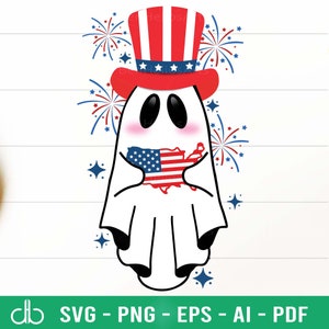 Happy 4 juli Ghost Amerikaanse kaart SVG, Ghost Holding Amerikaanse kaart SVG, 4 juli schattig Ghost Hold USA kaart vlag Svg, patriottische Ghost Svg