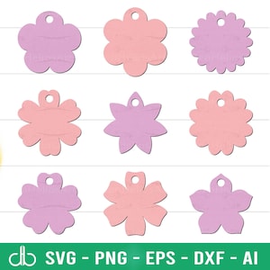 May include: Set of ten printable flower-shaped tags in pink and purple. The tags have a hole at the top for string or ribbon.