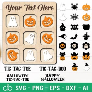 May include: A wooden tic-tac-toe game board with a Halloween theme. The board has nine squares with images of ghosts and pumpkins. The text "Your Text Here" is at the top of the board. The text "TIC TAC TOE" and "HALLOWEEN TIC-TAC-TOE" is below the board. The text "TIC-TAC-BOO" and "HAPPY HALLOWEEN" is on the right side of the board. The text "db SVG - PNG - EPS - DXF - AI" is at the bottom of the board.