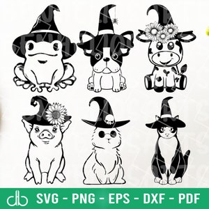 May include: A set of six black and white Halloween-themed SVG cut files featuring a frog, a French bulldog, a cow, a pig, a cat, and a bunny, each wearing a witch's hat.