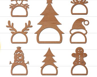 May include: Set of 8 Christmas themed napkin rings. The rings are made of wood and feature various designs, including a snowflake, a Christmas tree, a reindeer, a snowman, a gingerbread man, a present, a Santa hat, and a second Christmas tree.