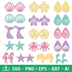 Paquete SVG de aretes de animales marinos, aretes de playa SVG, aretes de verano SVG, aretes SVG, aretes de cuero sintético SVG, aretes de playa cortados con láser