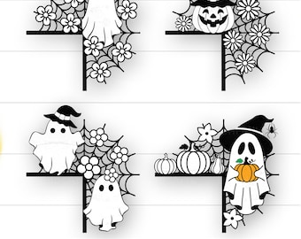 Ghost Door Corner SVG, Pumpkin Door Corner SVG, Halloween Door Corner SVG, Halloween Door Topper, Ghost Flowers, Pumpkin Flowers Door Topper