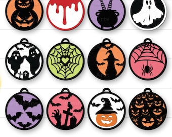 Paquete SVG de adornos de Halloween, letreros SVG de Halloween, decoración de Halloween, letrero redondo de Halloween, corte láser de Halloween, calabaza aterradora de Halloween SVG