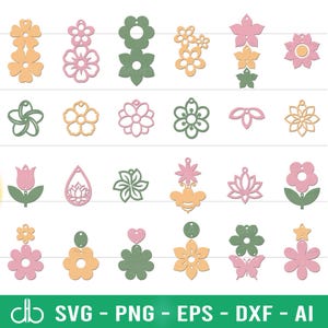 May include: A collection of various flower-shaped cutouts in shades of pink, green, and yellow. Designs include single and multi-petal flowers, a tulip, and a lotus flower. The cutouts are for crafting or design projects.
