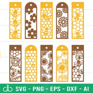 Honingbij bladwijzer SVG-bundel, bijen bladwijzer SVG-bundel, bladwijzers SVG, bladwijzer sjabloon Svg, honingraat bladwijzerontwerp, bijen bladwijzer laser