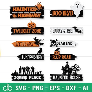 Placas de rua de Halloween SVG, Placas de Halloween SVG, Placa de quintal de Halloween, Placas de rua de madeira, Placa de estrada de Halloween, Decoração de Halloween, Rua assustadora
