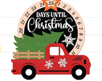 Días hasta Navidad SVG, Cuenta regresiva para Navidad SVG, Calendario de cuenta regresiva para Navidad SVG, Calendario de camión con árbol de Navidad, Adornos navideños