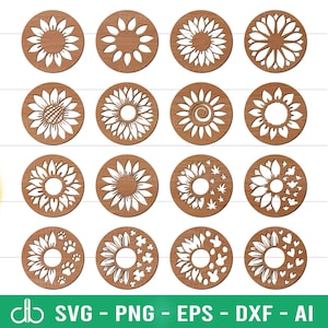 Pacote de porta-copos de girassol SVG, porta-copos de girassol SVG, porta-copos de verão SVG, porta-copos de madeira, porta-copos de café, porta-copos de chá, enfeites de porta-copos redondos