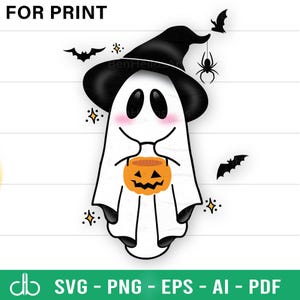 May include: A white ghost wearing a black witch hat and holding a small orange pumpkin. The ghost has a cute, cartoon-like face with big eyes and a small mouth. The ghost is surrounded by small bats and stars.
