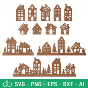 Könnte beinhalten: Eine Sammlung von Holzzuschnitten in Form von Häusern in verschiedenen Designs. Einige haben Fenster, Türen und Schornsteine. Andere sind in horizontalen Reihen mit Bäumen und Schneemännern angeordnet. Der Text "SVG - PNG - EPS - DXF - AI" ist ebenfalls enthalten.