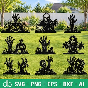 May include: A collection of nine black silhouette yard decorations featuring Halloween themes including zombies, reaching hands, a jack-o'-lantern, a tombstone with the text RIP, and a coffin. These flat cutouts are designed for outdoor display.