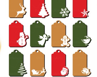 Christmas Gift Tags SVG Bundle, Christmas Tags SVG, Gift Tags SVG, Christmas Bells Pine Snowman Santa Snowflake Cricut Glowforge Laser Cut