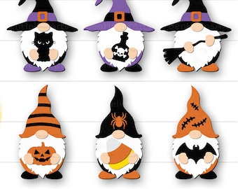 Może przedstawiać: Sześć krasnoludków halloweenowych w różnych strojach i dodatkach. Krasnoludki noszą czapki, trzymają czarnego kota, butelkę z eliksirem, miotłę, laskę cukrową, dynię i nietoperza.