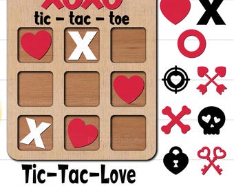 SVG Tic Tac Toe di San Valentino, SVG Tic-Tac-Love, File Tic Tac Toe di San Valentino, Gioco di San Valentino SVG, File tagliati al laser Glowforge per modello Tic Tac Toe