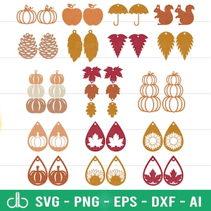 Puede incluir: Una colección de recortes con temática otoñal, que incluye calabazas, manzanas, paraguas, ardillas, piñas, hojas y pendientes. Los pendientes presentan diseños de calabaza, hoja de arce y girasol. La paleta de colores incluye tonos de naranja, marrón y rojo.