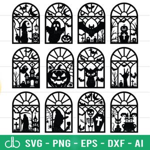 May include: A series of black Halloween window silhouettes. Each silhouette depicts a different spooky design, such as a witch, ghost, pumpkin, bat, cat, and skeleton. The bottom of the image displays the text "SVG - PNG - EPS - DXF - AI".