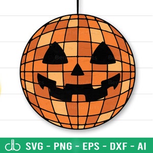 May include: A Halloween-themed disco ball with a jack-o'-lantern face. The ball is orange and has a black face with a wide smile and triangular eyes.