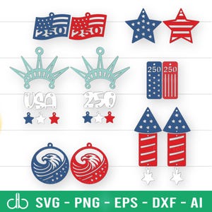 May include: A collection of patriotic-themed cutouts in red, white, and blue. Designs include American flags, stars, the Statue of Liberty, and eagles. The number "250" is featured on several pieces. Ideal for crafting or decor.
