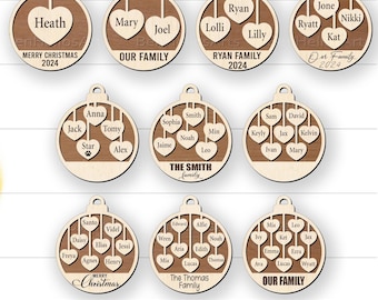 May include: Nine different wooden Christmas ornament designs with names and family titles. Each ornament features a circle with a hanging heart design. The ornaments are blank and ready to be personalized.
