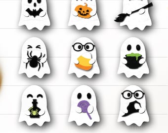 May include: Nine different Halloween ghost illustrations with various expressions and accessories. The ghosts are holding a pumpkin, a broom, a spider, a candy corn, a cauldron, a potion bottle, a lollipop, and a black cat.