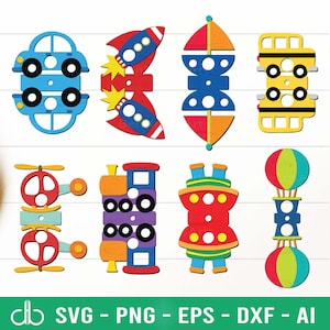 Könnte beinhalten: Satz von acht bunten, illustrierten SVG-Schnittdateien zum Thema Fahrzeuge und Transport. Die Designs beinhalten ein Auto, eine Rakete, ein Segelboot, einen Schulbus, einen Hubschrauber, einen Zug, ein Kreuzfahrtschiff und einen Heißluftballon.