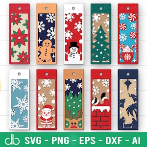 Op de afbeelding: Een verzameling houten bladwijzers met kerstthema's. Elke bladwijzer heeft een rechthoekige vorm met een gat aan de bovenkant. Ontwerpen omvatten poinsettia's, sneeuwvlokken, een peperkoekmannetje, een sneeuwman, een kerstboom, de kerstman en een rendier.