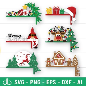 Puede incluir: Una colección de decoraciones navideñas para estanterías de esquina. Los diseños incluyen un árbol de Navidad con adornos, cajas de regalo, un gorro de Papá Noel, un reno con luces, un gnomo con una copa de vino, una casa de jengibre y un ciervo con árboles.