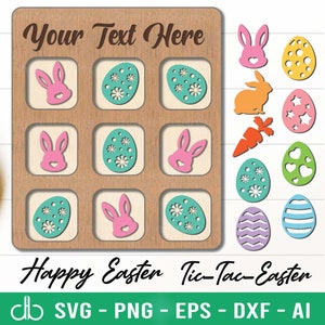 Può includere: Un tabellone di gioco del tris in legno con le parole "Your Text Here" e "Happy Easter Tic-Tac-Easter". I pezzi del gioco sono varie immagini a tema pasquale, tra cui coniglietti, uova e carote.