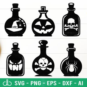 May include: Six black and white silhouette images of potion bottles with different Halloween-themed designs. The designs include a witch's hat, a jack-o-lantern, a skull and crossbones, a spider, and a skull with a crack.