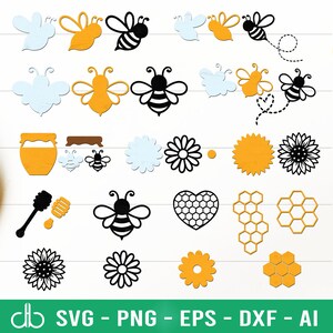 May include: A set of 20 bee-themed SVG cut files, including bees, honeycombs, sunflowers, and honey jars. The files are in black, white, yellow, and brown.