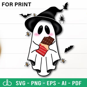 Ghost Chocolate SVG, Ghost Holding Chocolate SVG, Ghost Eating Chocolate SVG, Sweet Cute Ghost Chocolate Svg, Halloween Party Chocolate Svg