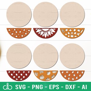 Peut inclure: Ensemble de six disques en bois ronds avec une d&eacute;coupe en demi-cercle. Les d&eacute;coupes pr&eacute;sentent divers motifs sur le th&egrave;me de l'automne, notamment des citrouilles, des glands, des feuilles et un tournesol.