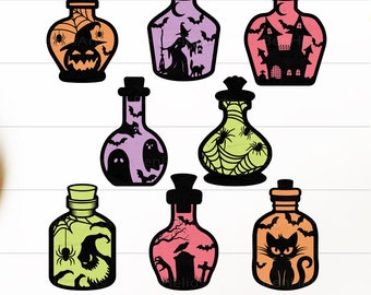 May include: A collection of seven Halloween-themed potion bottle designs. Each bottle features a unique silhouette design, including a witch, haunted house, bats, spiders, and a black cat. The bottles are in various colors, including orange, purple, pink, and green.