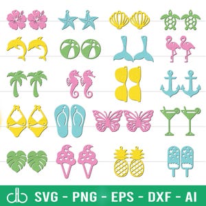Paquete SVG de aretes de verano, aretes de verano SVG, aretes SVG, aretes de cuero sintético SVG, aretes de playa SVG, paquete de aretes de playa cortados con láser