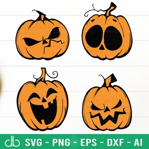 Puede incluir: Conjunto de cuatro ilustraciones de calabazas naranjas con diferentes expresiones faciales. Las calabazas tienen ojos, narices y bocas negras. Las expresiones incluyen un ceño fruncido, una mirada sorprendida, una sonrisa y un ceño fruncido aterrador.