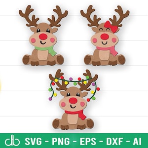 Pacchetto SVG di renne di Natale, SVG di renne carine, file tagliati al laser di renne di Natale, ornamenti natalizi, decorazioni natalizie, cartelli natalizi