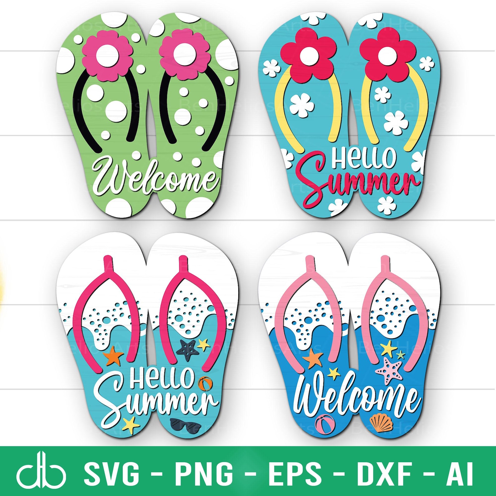 Hello Summer Flip Flop Door Hanger SVG Bundle, Summer Door Hanger, Flip ...