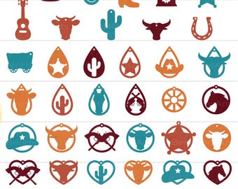 ウエスタンイヤリングSVGバンドル、ウエスタンイヤリングSVG、イヤリングSVG、フェイクレザーイヤリング、カウボーイイヤリング、カウガールイヤリングレーザーカットSVGファイル