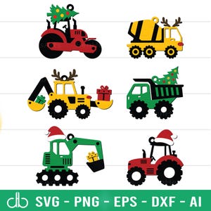 Può includere: Una collezione di veicoli da cantiere a tema natalizio. Il set include un trattore rosso con un albero di Natale, una betoniera gialla con corna, un autocarro con cassone ribaltabile verde con un albero di Natale e altri veicoli decorati.