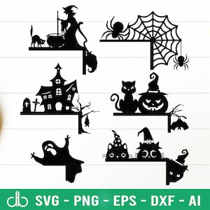 May include: A set of five black and white Halloween shelf brackets featuring a witch, a haunted house, a spider web, a pumpkin, and a ghost. Each bracket is designed to look like a shelf with a Halloween-themed silhouette.