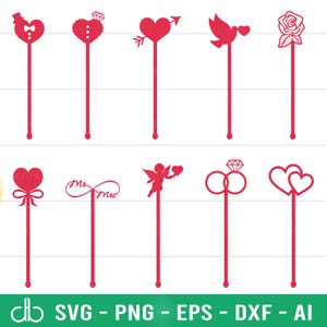 Hochzeit Stir Swizzle Sticks SVG, Valentinstag Hochzeit Stir Swizzle Stick SVG Bundle, Trinkrührer SVG, Liebe Herz Stir Swizzle Sticks Laser