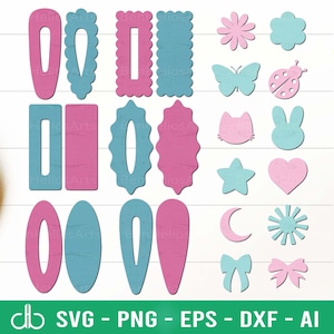 Puede incluir: Un conjunto de 20 archivos de corte SVG con varias formas, incluyendo mariposas, estrellas, corazones y lazos. Las formas son de color rosa y azul, perfectas para proyectos de manualidades.