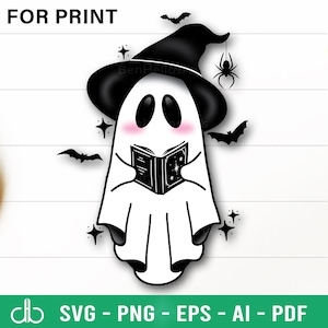 Livre fantôme SVG, SVG de livre de lecture fantôme, fantôme tenant un livre SVG, fantôme mignon Halloween avec chapeau de sorcière lire des livres Svg, fantôme Lire plus de livres