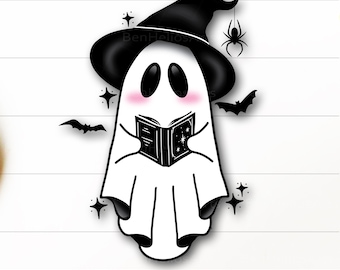 Libro fantasma SVG, libro di lettura fantasma SVG, fantasma che tiene in mano un libro SVG, fantasma carino di Halloween con cappello da strega che legge libri SVG, fantasma che legge altri libri