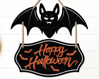 May include: Black bat silhouette hanging from a string with a black sign that says "Happy Halloween" in orange text with small bat silhouettes around the text.